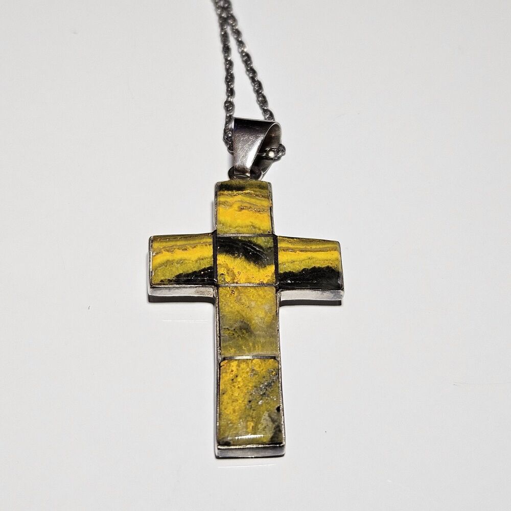 Mt Sterling Yellow Black Bumblebee Jasper Cross Pendant Necklace 20"